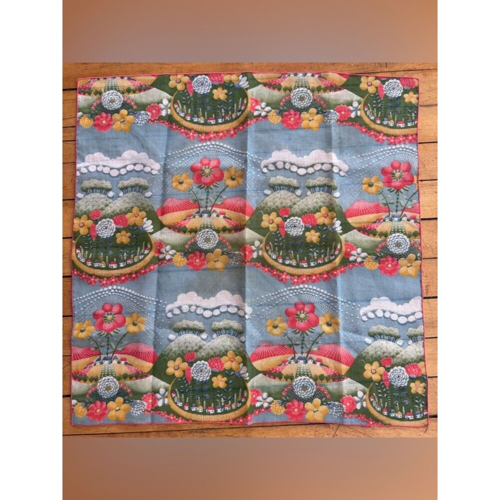 Vintage Cotton Scarf 70s whimsical fairy sky floral field multicolor nature